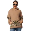 Felpe con cappuccio da donna Felpa corta con giuntura leopardata primavera Felpa con cappuccio da donna manica lunga tasca peluche Teddy Pullover inverno nero Plus Size Felpe larghe