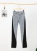 Женские джинсы модные лоскут прямой женщины повседневная черная черная панель с высокой талией стройные джинсовые брюки женщины 2023 шикарная уличная одежда