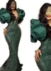 Dark Aso Ebi Ebi Green Mermaid Sukienka Promowa cekinowa koronkowa impreza Formalna impreza Druga przyjęcie urodzin Druhna Suknie zaręczynowe sukienki szat de soiree zj es