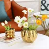 Planters Pots Nordic Geometric Shape Ceramic Flowerpot Spherical Electropated Gold Office Flower Arrangement Decorative Vase R230620