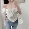 Chemisiers pour femmes Vintage Slim White Slash Neck Shirt Femmes D'été Élégant À Volants Sexy Hors Épaule Blouse Manches Volantes Tops Courts Lady