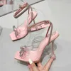 Sommer Sandalen Karree Kristall Strass Schmetterling-knoten Transparent High Heel Frauen Mode Kreuz-gebunden Schuhe 230511