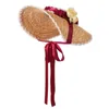 Suministros para fiestas Sombrero de paja para el sol Cinta de encaje Bowknot Ala ancha Elegante Té Playa Gorro plano Gorra