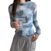 Vrouwen Blouses Vrouwen T-shirt Lange Mouwen Ruches Mock Neck Tie-Dye Print Geplooide Dames Tops Streetwear See Through tulle Tee