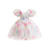 Girl Dresses FOCUSNORM 3-8Y Toddler Kids Princess Dress Short Puff Sleeve Floral Print Mesh Lace High Waist Tutu