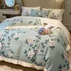 Bedding Sets Cotton Vibrant Elegant Set Soft Comfortable Green Flowers Botanical Print Duvet Cover Bed Sheet Pillowcase King 4Pcs