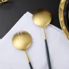 Dinnerware Sets Household Salad Fork Spoon Dark Green Gold Gilded Tableware Service 2Pcs Stainless Steel Flatware Set Drop