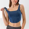 lu Donna Yoga Jeans Reggiseno Crop Top Canotta aderente per reggiseni sportivi in denim Ragazza Canotta sportiva ad alta elasticità Canotta con retro scollato Corsa da palestra