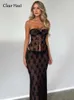 Two Piece Dress Lace Print Sexy Mesh Sheer Skirt Set For Women See Through Strapless Crop Top Skirt Matching Suit Female Night Club Party Set 230620
