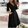 Casual Dresses Fashion Women'S Lapel Solid Color Seven-Part Sleeve Long Dress For Women 2023 Evening