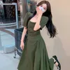 Casual Dresses French Square Neck Shirred Women Ankle Längd Summer Fashion Elegant Harajuku 2xl Overdized Long Kirt Party Black Green