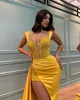 Sexy Yellow Prom Dresses V Neck Cap Sequins Evening Gowns Slit Pleats Formal Red Carpet Long Special Occasion Party dress