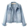 Kvinnors blusar spring koreanturn-down collar work jacka enkel ficka lös mode ljusblå kvinnor denim skjorta toppar z185