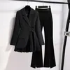 Women's Two Piece Pants Women's Casual Blazer Jacket Matching Set Korean Elegant Spring Autumn Chic Suit Coat Split Black Two-piece