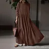 Ubrania etniczne kobiety wiosna jesień Dubai Turks Kaftan Abaya Long Dress Modna moda stała kolor prosty bawełniany lniana muzułmańska szata vestidos