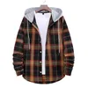 Men's Plaid long sleeve T shirt suit with hoodie 480 Grams Thick Spring Autumn all seasons wear loose Cotton Blend Stretch Durable Outdoor Coat For Men