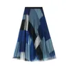 Skirts Korean Style 2022 Geometric Print Y2K Skirt VD1702 Women Purple Black Blue Long Midi Length Tulle Pleated Skirt J230621