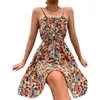 Robes décontractées été élégant femmes Boho robe sans manches taille haute Floral Vintage vêtements femme plage Style vacances robe d'été