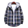 Men's Plaid long sleeve T shirt suit with hoodie 480 Grams Thick Spring Autumn all seasons wear loose Cotton Blend Stretch Durable Outdoor Coat For Men