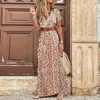 Basic Casual Dresses Women Boho Floral Dress Summer V Neck Short Sleeve Paisley Printed Belt Ladies Beach Party Big Hem Maxi 230620