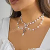 Vintage argent couleur nœud papillon croix pendentif collier ras du cou pour femmes bijoux blanc Imitation perle cou chaîne cadeaux de fête