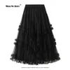 Spódnice moda słodka tiulowa spódnica kobiety elegancka midi długie spódnica wysoka talia linia żeńska szykowna czarna zielona spódnica VD3560 J230621