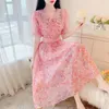 Lässige Kleider Süße Frauen Sommerkleid Umlegekragen Puffärmel Applikation Gürtel Blumendruck Chic Lady Tüll Pailletten A-Linie Vestidos