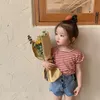 T Shirts 2023 Summer Korean Style Baby Girls Striped Bowknot Backless Puff Sleeve Tops Toddlers Kids Tees 230620
