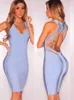 Casual Dresses Fashion Sexy V Neck Designer Light Blue Bandage Dress Women Backless Summer Party