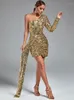 Casual Dresses Sequined Evening Party Dress Women Gold BodyCon Elegant Sexig One Shoulder Draped Birthday Club Outfits 2023 Fashion