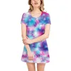Casual Dresses Tie-Dye Smudged Beach T-shirt kjol o nacke bomull Löst mitten av längden rak a-line kvinnors all-match kort