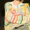 Women's T-Shirt Rainbow Embroidery Striped Knitted Hollow Out Sweater Women Knitwear Casual Loose Long Sleeve Runway Tops Scissors Flowers I723 230620