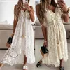 Men's Vests Women Lace Hem Dress Deep V-neck Sleeveless Beachwear Summer Skirt Beige/ White