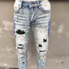 Mannen Jeans Crystal Patchwork Lichtblauw Ripped Jean Luxe Mannen Vernietigd Jeans Skinny Stretch Denim Broek Hip Hop Jeans Mannen 230620