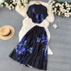 Two Piece Dress Vintage Elegant Floral Print sträckta tröjor Topp A-Line Pleated Midi Long kjolar Fashion Runway 2 PCS Set Casual Outfits 230620