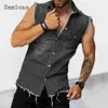 Regatas Masculinas Samlona Masculinas Mais Recentes Regatas Demin Casual Masculinas Streetwear Moda de Verão Colete Jeans Rasgado Colete Masculino Sem Mangas Bolsos Camiseta 230620