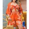 Kvinnors spårningsdräkter Wepbel Summer Beach Shirts Set Women Camis Topps Orange 3 Piece Tropical Print Top Shorts Set med bundna detaljer