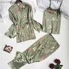 Kvinnors sömnkläder satin vårpyjamas set 3 stycken kostym kvinna faux silke kärlek tryck höst sexig slingbyxor hemkläder