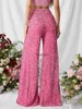 Kvinnor S Casual Wide Leg Straight Ben Pants Elastic Band High midja Sequined Trousers Fashion Street Velvet Sequined Trousers L230621