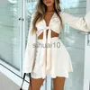 Skirts Satin Two Piece Set Women Autumn Tops Lace Up Wrap Sexy Mini Skirts Elegant Purper Suits White Lantern Long Sleeve Crop Cardigan J230621