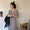 Robes décontractées femmes robe mi-longue col en V fleur imprimé cordon plissé manches courtes en vrac Vintage bulle dame fête Fem