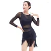 Scena nosić kobiety Tassel Taniec łaciński Odzież Seksowna siatka z długim rękawem sukienka balowa tango nowoczesna rumba performance taneczna 3xl