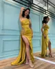 Sexy Strapless Prom Dresses Beads Sides Yellow Evening Gowns Slit Pleats Formal Red Carpet Long Special Occasion dress