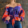 Women's Blouses Shirts Women Casual All Over Print Off Shoulder waistband Puff Sleeve Sexy Blouse J230621