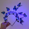 Ny LED Glow Pink Blue Butterfly pannband Flower Branch Kids Girls Birthday Party Decoration Hairband Props Christmas Gift 3Modes