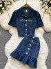 Dwuczęściowa sukienka Chic Denim Dwuczęściowy garnitury Kobiety Sexy Love Porthirt Shad Top Mini Ruffles Outfits Female Streetwear Cowboy 2 -częściowy zestaw 230620