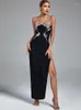 Casual Dresses Crystal Midi Bandage Dress Women Black BodyCon Evening Party Elegant Sexig stropplös Split Birthday Club Outfits Runway