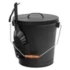 Black Metal Fireplace Ash Bucket With Shovel Lid Cover Fire Pits Stove Sturdy