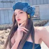 Whitney Wang Designer Style 2023 Fashion Streetwear Sweet 3D Florals Denim Berets Women Stylish Hat Lady Arts Cap L230523