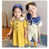 Conjuntos de roupas de verão estilo coreano roupas de irmão e irmã de linho de algodão gola de marinheiro moda meninas vestido